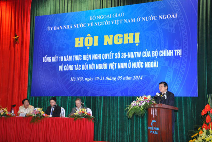 Chủ tịch nước Trương Tấn Sang phát biểu tại Hội nghị tổng kết 10 năm thực hiện Nghị quyết số 36-NQ/TW về công tác đối với NVNONN (tháng 5/2014)