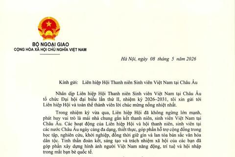 Lãnh đạo Bộ Ngoại giao và Ủy ban gửi Thư chúc mừng Liên hiệp Hội Thanh niên Sinh viên Việt Nam tại Châu Âu