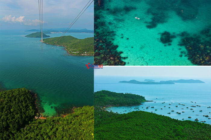 Cảnh những hòn đảo, mặt nước nam Phú Quốc trong veo nhìn từ trên cao