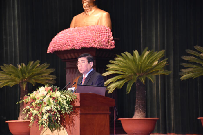Phó Bí Thư Thành ủy, Chủ tịch UBND TP Hồ Chí Minh Nguyễn Thành Phong phát biểu chào mừng Hội nghị