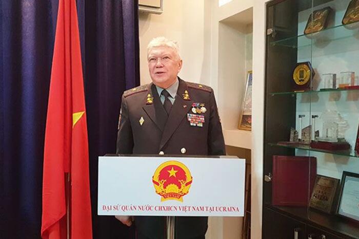 Thiếu tướng Popovich Vladimir Vasilievich, Chủ tịch Hội Cựu chiến binh Ucraina phát biểu tại Lễ kỷ niệm