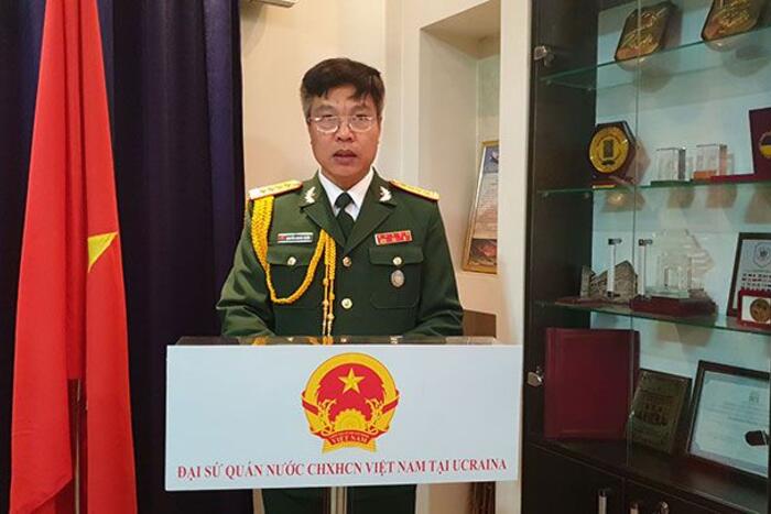 Tùy viên Quốc phòng Việt Nam tại Ucraina, Đại tá Nguyễn Quang Chiến phát biểu tại Lễ kỷ niệm.