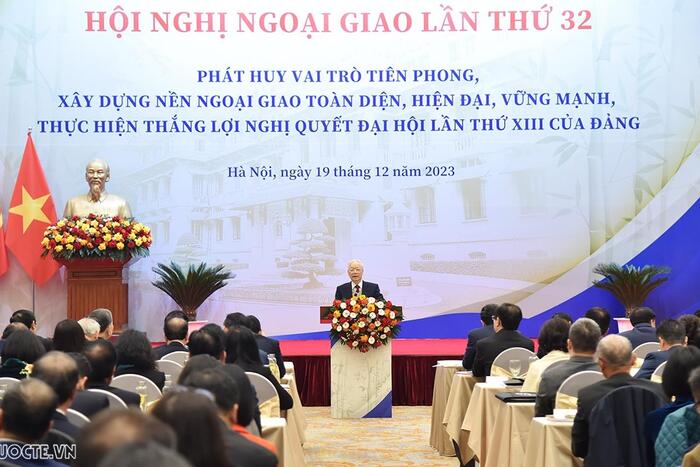 Tổng Bí thư Nguyễn Phú Trọng tin tưởng các thế hệ cán bộ đối ngoại, ngoại giao cả nước nhất định sẽ vẫn tiếp tục thể hiện được trí tuệ, bản lĩnh, đạo đức và cốt cách của nền ngoại giao thời đại Hồ Chí Minh. Ảnh: Tuấn Anh