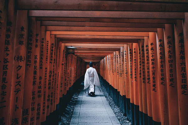Đền thờ Fushimi Inari: Điều ấn tượng là hàng nghìn chiếc cổng torii sơn màu đỏ son xếp thẳng hàng tạo thành lối đi vào khu đền chính