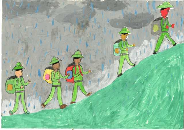 Với màu xanh áo lính, bức tranh sẽ đưa bạn đến những cảnh quan thiên nhiên của Việt Nam và cảm nhận được tinh thần của bộ đội trong từng nét vẽ. Hãy cùng thưởng thức tác phẩm này!