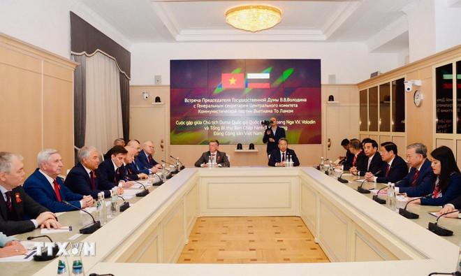 Tổng Bí thư Tô Lâm hội kiến Chủ tịch Duma Quốc gia Liên bang Nga Vyacheslav Volodin. (Ảnh: TTXVN phát) ttxvn-tong-bi-thu-chu-tich-duma-quoc-gia-nga-4.jpg