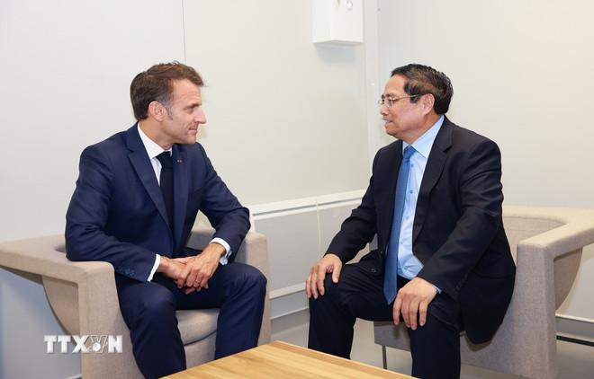 Thủ tướng Phạm Minh Chính hội kiến Tổng thống Pháp Emmanuel Macron. (Ảnh: Dương Giang/TTXVN) ttxvn-thu-tuong-viet-nam-phap-4.jpg