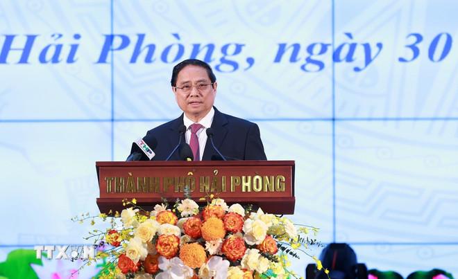 Thủ tướng Phạm Minh Chính phát biểu chỉ đạo. (Ảnh: Dương Giang/TTXVN) ttxvn-thu-tuong-sap-nhap-hai-phong-12.jpg