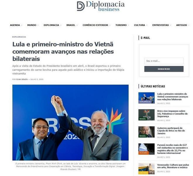 Tờ diplomaciabusiness đưa tin buổi hội đàm giữa Thủ tướng Phạm Minh Chính và Tổng thống Lula da Silva. (Ảnh chụp màn hình/TTXVN) viet-nam-brazil-4.jpg