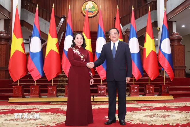 Thủ tướng Chính phủ Lào Sonexay Siphandone (phải) tiếp Phó Chủ tịch nước Việt Nam Võ Thị Ánh Xuân sang thăm chính thức Lào. (Ảnh: Xuân Tú/TTXVN) ttxvn-viet-nam-lao-tiep-tuc-that-chat-quan-he-dac-biet-va-hop-tac-toan-dien-8226136.jpg