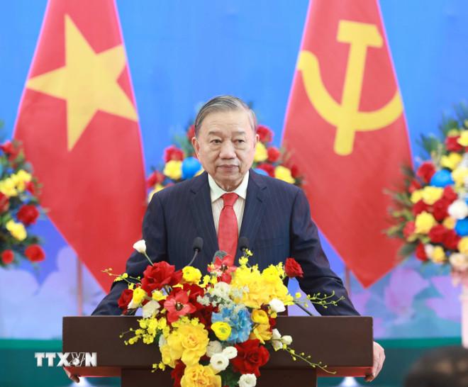 Tổng Bí thư Tô Lâm phát biểu. (Ảnh: Thống Nhất/TTXVN) ttxvn-chieu-dai-trong-the-tong-bi-thu-chu-tich-nuoc-lao-thongloun-sisoulith-va-phu-nhan-8552855-3.jpg