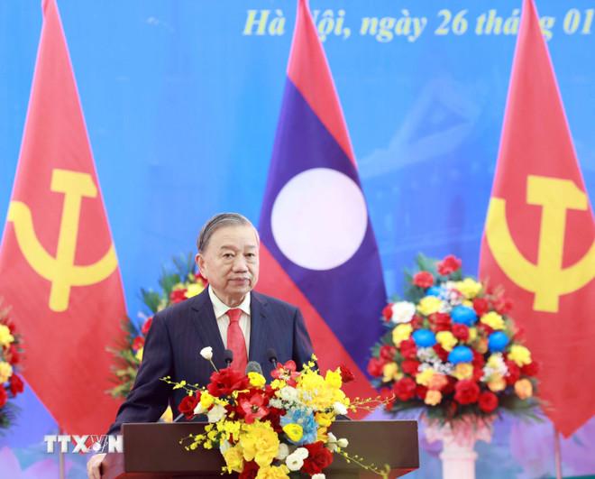 Tổng Bí thư Tô Lâm phát biểu. (Ảnh: Thống Nhất/TTXVN) ttxvn-chieu-dai-trong-the-tong-bi-thu-chu-tich-nuoc-lao-thongloun-sisoulith-va-phu-nhan-8552855-2.jpg