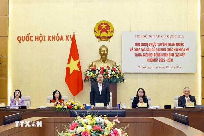 Chủ tịch Quốc hội Trần Thanh Mẫn chủ trì Hội nghị. (Ảnh: Doãn Tấn/TTXVN) ttxvn-2602-chu-tich-quoc-hoi-cong-tac-bau-cu-1.jpg