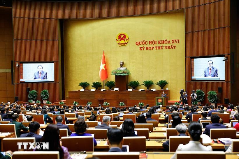 Đồng chí Trần Thanh Mẫn, Chủ tịch Quốc hội khóa XV phát biểu khai mạc Kỳ họp thứ Nhất, Quốc hội khóa XVI. (Ảnh: Doãn Tấn/TTXVN)